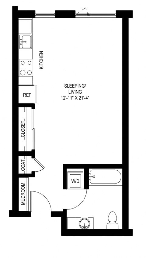 Floor plan for studio, 1 bath, 493 sqft